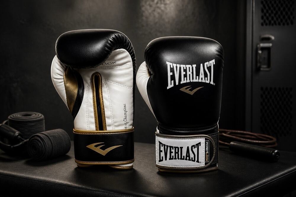 Everlast Powerlock Training Gloves 14oz Feature a White, Black & Gold